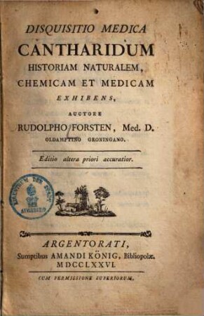 Rudolphi Forsten Disquisitio medica cantharidum historiam naturalem, chemicam et medicam exhibens