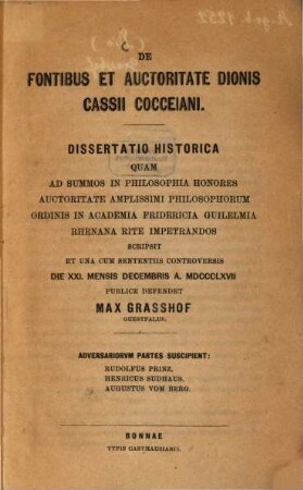 De fontibus et auctoritate Dionis Cassii Cocceiani : Dissertatio inauguralis