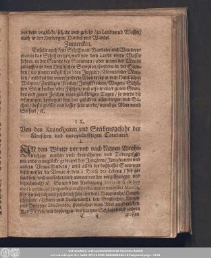 IX. Von den Kranckheiten und Sterbensgefahr der Menschen und unvernünfftigen Creaturen.