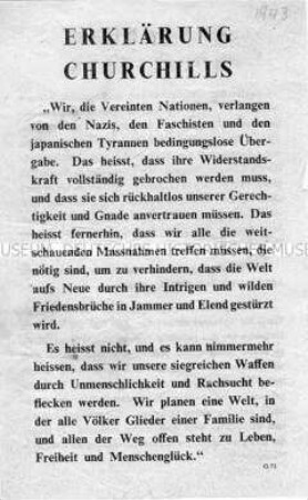 Abwurf-Flugblatt der Alliierten mit Erklärungen von Churchill und Roosevelt zur Zukunft der deutschen bzw. japanischen Volkes nach der Beendigung des Krieges