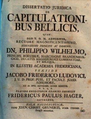 Dissertatio Juridica [Iuridica] De Capitulationibus Bellicis