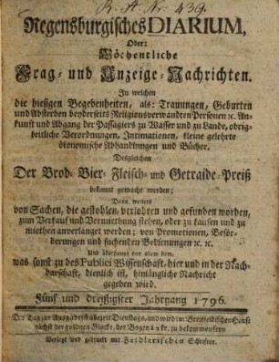 Regensburgisches Diarium oder wöchentliche Frag- und Anzeige-Nachrichten, 1796 = Jg. 35