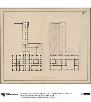 Berlin, Unter den Linden. Palais Prinz Wilhelm. Entwurf mit seitlichem Terrassengarten. Grundrisse
