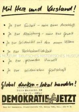 Flugblatt der Bürgerbewegung Demokratie Jetzt zur Volkskammerwahl der DDR am 18. März 1990