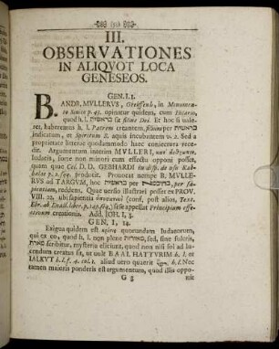 III. Observationes In Aliquot Loca Geneseos.