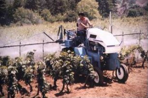 Fotografie: Weinbau, Trägerfahrzeug, Pflanzenschutz, Feldspritze angebaut