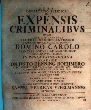 Dissertatio Ivridica De Expensis Criminalibvs