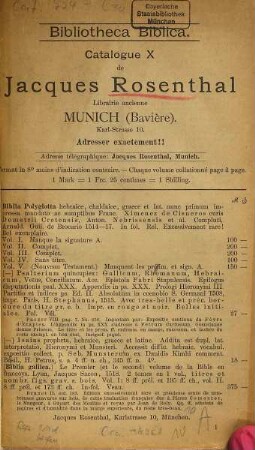 Catalogus librorum catholicum et literarum et rerum studia, Pars prima. Bibliotheca Biblica : editiones Bibliorum et eorum commentarii