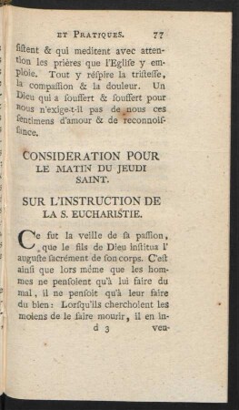 Consideration Pour Le Matin Du Jeudi Saint. Sur L'Instruction De La S. Eucharistie
