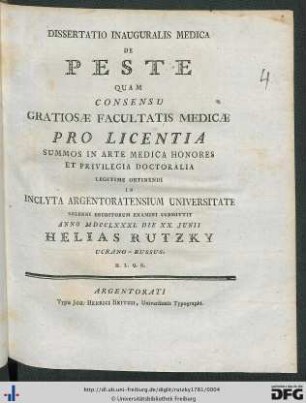 Dissertatio Inauguralis Medica De Peste
