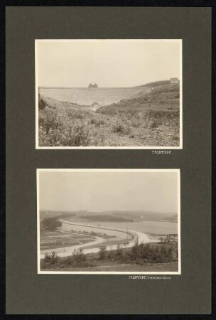 Blatt 8 mit zwei Silbergelatinepapierabzügen (Geigenbachtalsperre bei Werda im Vogtland) : Flügelmappe mit Pergamenteinband und farbigem, montiertem Wappen der Stadt Plauen, bezeichnet goldgeprägt Mitte: Ihrem hochverdienten Stadtbaurat / Die Stadt Plauen / 1895-1909; im Inneren Vorsatz und Laschen mit hellgrüner Seide überzogen; auf dem Deckel vorn innen auf der Innenkante bezeichnet goldgeprägt unten Mitte: R. OESTERREICH J., K. HOFBUCHBINDER, DRESDEN; auf 22 losen, schwarzen Kartons 42 montierte Silbergelatinepapierabzüge sowie ein loser Silbergelatinepapierabzug; Untersatzkartons: je 47,8 x 32 cm, Mappe: 49,7 x 34 x 3,5 cm, Original-Pappbox: 52 x 37 x 4,5 cm (um 1909). Dresden: SLUB/DF 2022.E.5