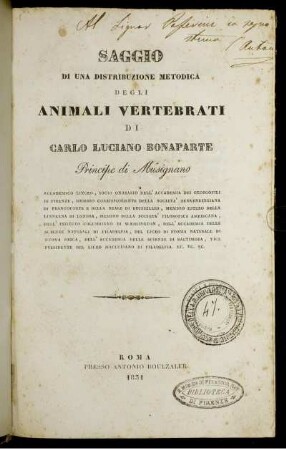 Saggio Di Una Distribuzione Metodica Degli Animali Vertebrati