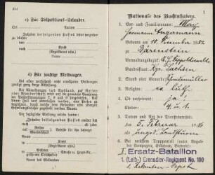 Militärpaß von Max Hermann Angermann : Militärpass, aufgeschlagen, Seite XII und 1, von Grenadier Max Hermann Angermann (1. Ersatz-Bataillon, 1. (Leib-) Grenadier-Regiment No 100, 1. Kompanie), ausgestellt am 5. Februar 1916, Dippoldiswalde. Dresden: SLUB Mscr.Dresd.Aut.3079