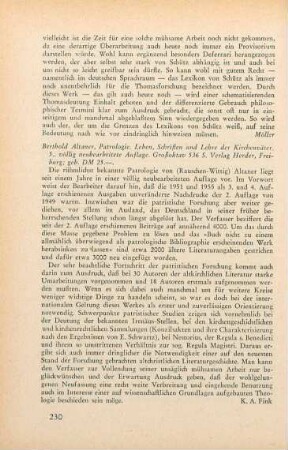 230 [Rezension] Altaner, Berthold, Patrologie