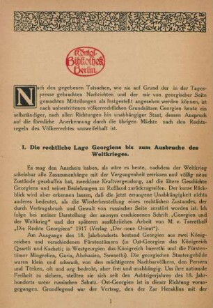I. Die rechtliche Lage Georgiens bis zum Ausbruche des Weltkrieges