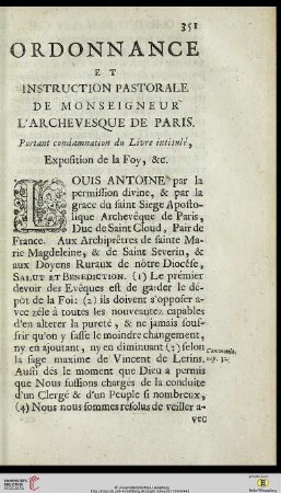 Ordonnance et instruction pastorale de Monseigneur l’Archevesque de Paris […]