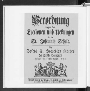 Verordnung wegen der Lectionen und Uebungen in der St. Johannis Schule.