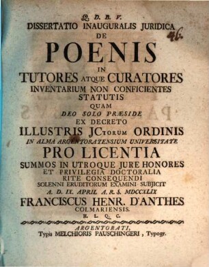Diss. inaug. iur. de poenis in tutores atque curatores inventarium non conficientes statutis