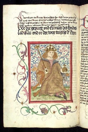 Thronender ungarischer Herrscher: König Ladislaus; von Rankenwerk umgeben.
