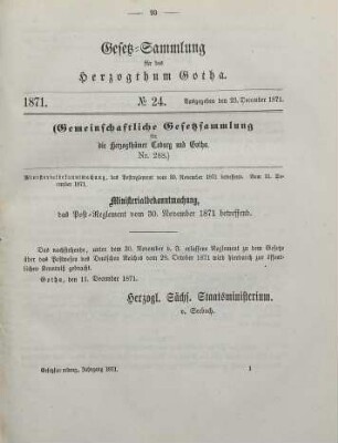 24. Ministerialbekanntmachung, das Postreglement vom 30. November 1871 betreffend. Vom 11. December 1871