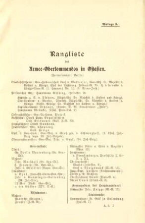 Anlage 5. Rangliste des Armee-Oberkommandos in Ostasien