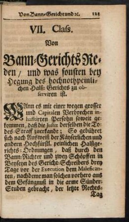 VII. Class. Von Bann-Gerichts Reden, und was sonsten bey Hegung des hochnothpeinlichen Halß-Gerichts zu observiren ist.