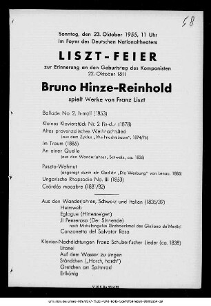 Liszt-Feier zur Erinnerung an den Geburtstag des Komponisten 22. Oktober