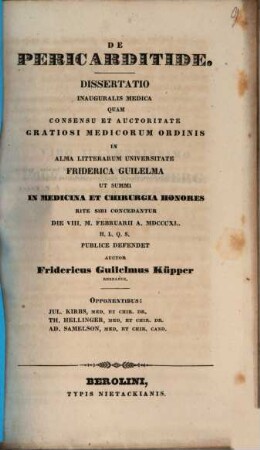 De pericarditide : dissertatio inauguralis medica