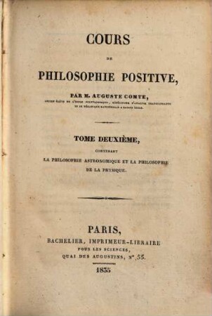 Cours de philosophie positive, 2. La philosophie astronomique et la philosophie de la physique