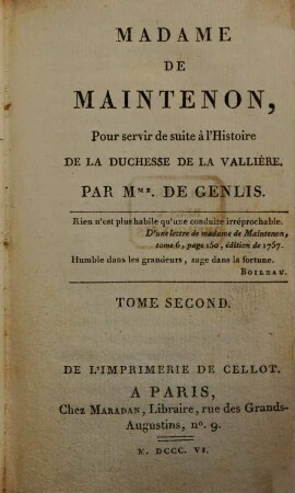 Madame de Maintenon : pour servir de suite à l'Histoire de la duchesse de la Vallière, 2
