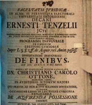 Programma inaug. praemissum ... dissertationi inaugurali ... a Ch. C. Ottone ... habenda, quo ... quaedam ... de acquirenda possessione disserit