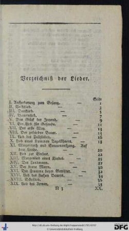 Verzeichniß der Lieder.