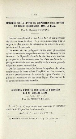 Questions d'analyse indéterminée proposées par M. Édouard Lucas.