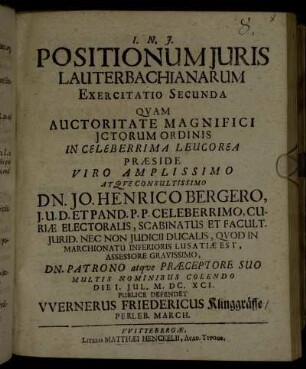 Positionum Juris Lauterbachianarum Exercitatio Secunda