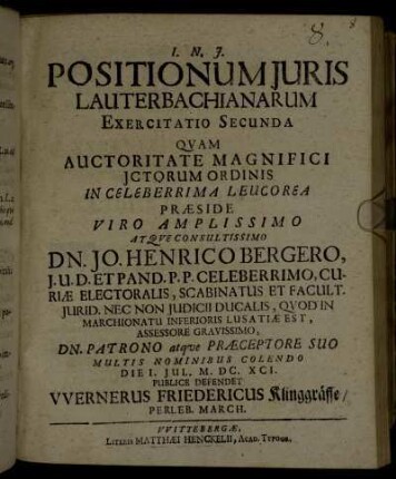 Positionum Juris Lauterbachianarum Exercitatio Secunda