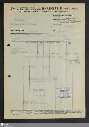 Emil Estel KG, Bärenstein (Kreis Annaberg), Posamenten-, Wirkwarenfabrik, Papiergarnspinnerei : Rechnung