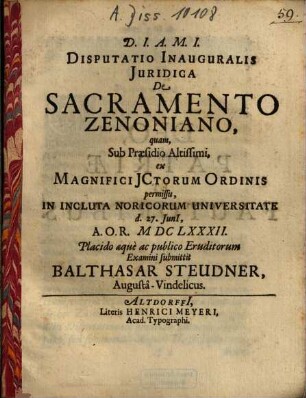 Disputatio Inauguralis Juridica De Sacramento Zenoniano