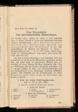 Das Verzeichnis der mittelalterlichen Siedlungen