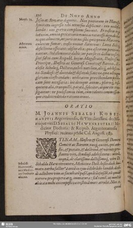 Oratio M. Joannis Sebaldi Kobenhauptii Anrgentinensis, de Vita clarissimi doctissimique viri D. Sebaldi Hawenreutheri: Medincinae Doctoris: & Reipub. Argentoratensis Physici: recitata pridie Cal. August. 1589