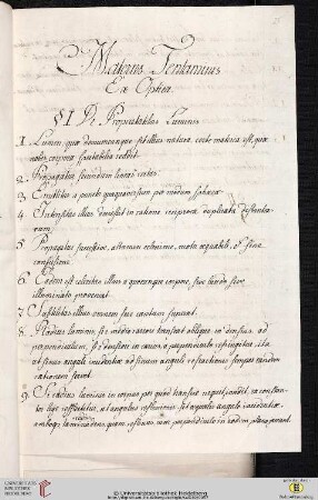 Material- und Thesensammlung: Materies Tentaminis Ex Optica. § I De Proprietatibus Luminis