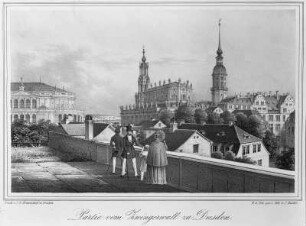 Dresden: Blick vom Zwingerwall : Unbekannter Künstler: Dresden, Stadtansicht, Partie vom Zwingerwall zu Dresden.- Lithographie, um 1850. Kupferstich-Kabinett