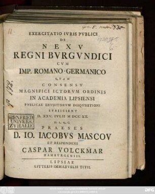 Exercitatio Ivris Pvblici De Nexv Regni Bvrgvndici Cvm Imp. Romano-Germanico