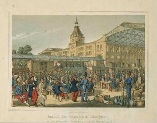 Ankunft teils verwundeter französischer Kriegsgefangener auf dem Stuttgarter Bahnhof, eine Gruppe nimmt bereits eine Mahlzeit ein