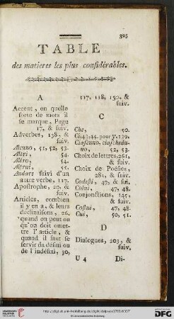 Table des matieres les plus considérables