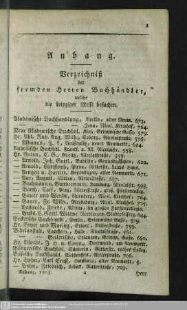 Verzeichniß der fremden Herren Buchhändler, welche die Leipziger Messen besuchen