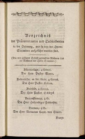 Verzeichniß der Pränumeranten und Subscribenten[...]