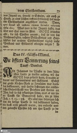 Das IV. Hülffs-Mittel. Die öfftere Erinnerung seines Tauff-Bundes
