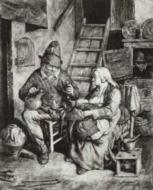 Ein Bauer in einem Landhaus, neben ihm eine stillende Frau