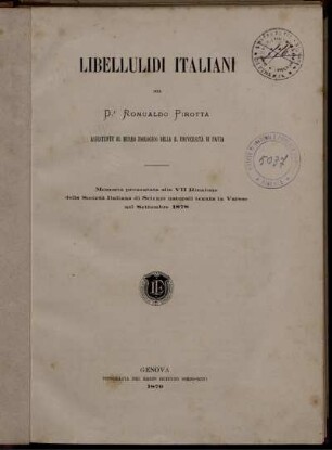 Libellulidi Italiani : Memoria presentata alla VII Riunione della Società Italiana di Scienze naturali tenuta in Varese nel Settembre 1878
