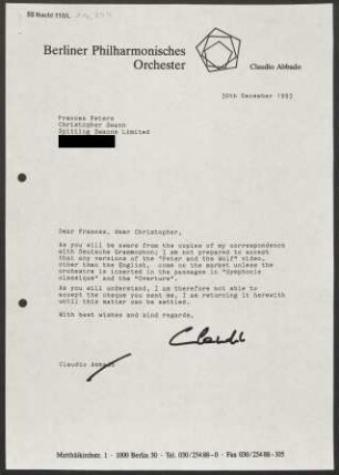 Brief an Frances Peters und Christopher Swann an Spitting Swanns, 30.12.1993